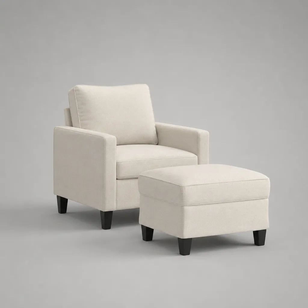 Lot de 2 pièces – Fauteuil et plateau en bois et tissu, crème et noir, fauteuil 76 × 82 × 84 cm, tabouret 64 × 50 × 43 cm