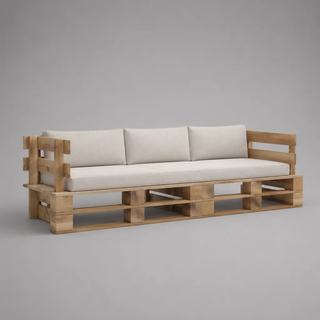 Gartenbank 3-Sitzer Palettensofa aus massivem Holz mit Stoffpolstern, Natur und Cremeweiß, 240 × 80 × 75 cm