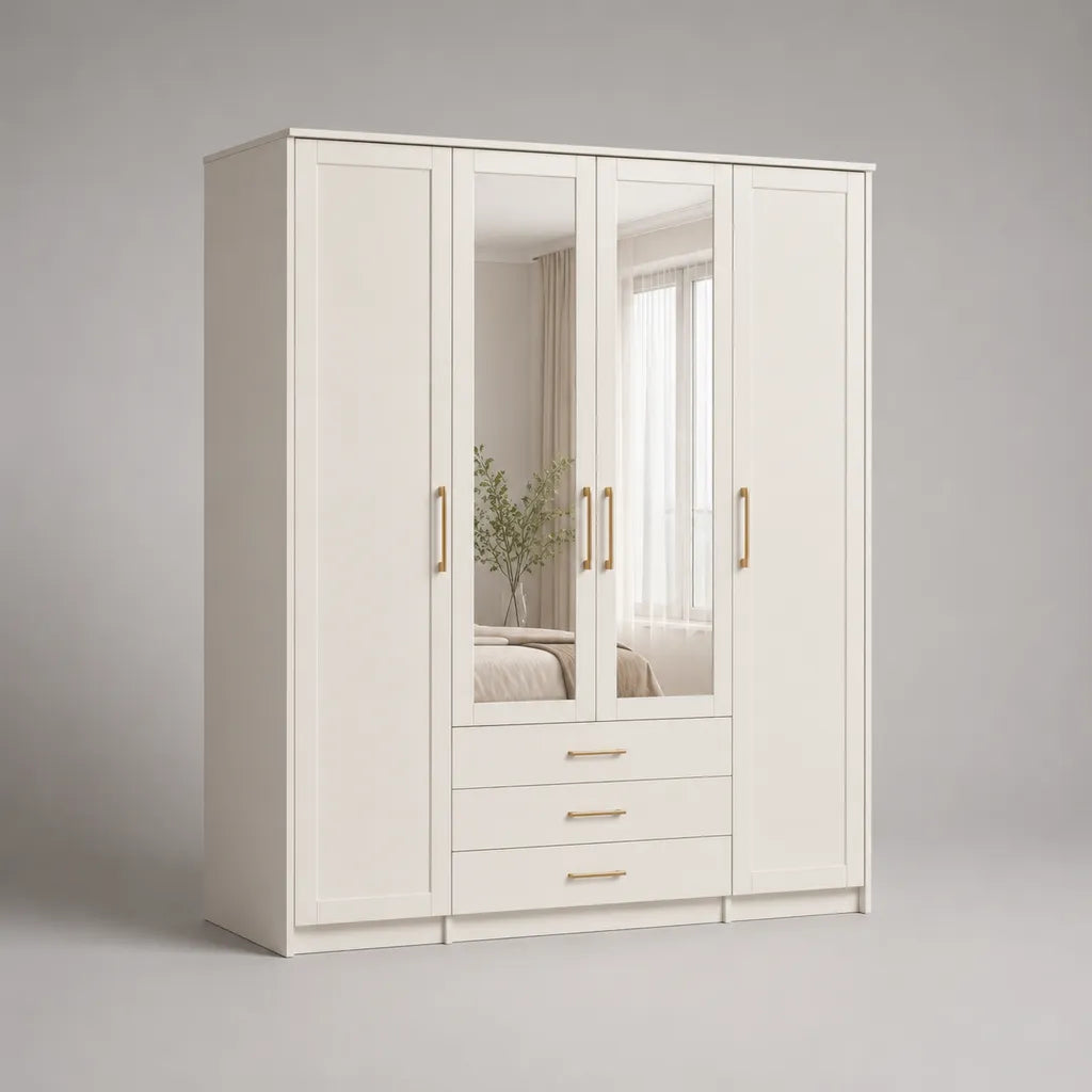 Kleiderschrank mit Spiegel, 4 Türen und 3 Schubladen, MDF und Spanplatte, Weiß und Goldfarben, 200 × 55 × 220 cm