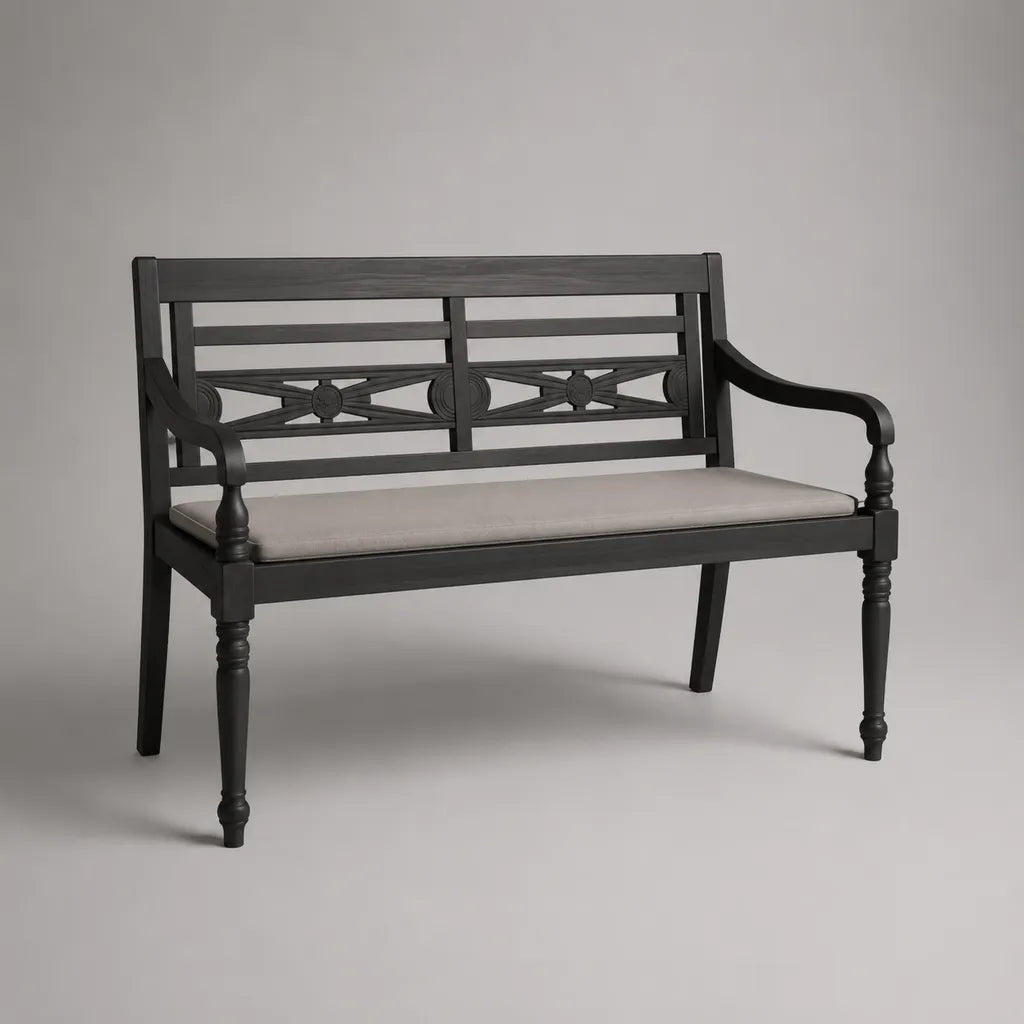 Banc de jardin pour 2 personnes en aluminium recouvert de poudre avec coussin, noir/beige, 108 × 56 × 88 cm