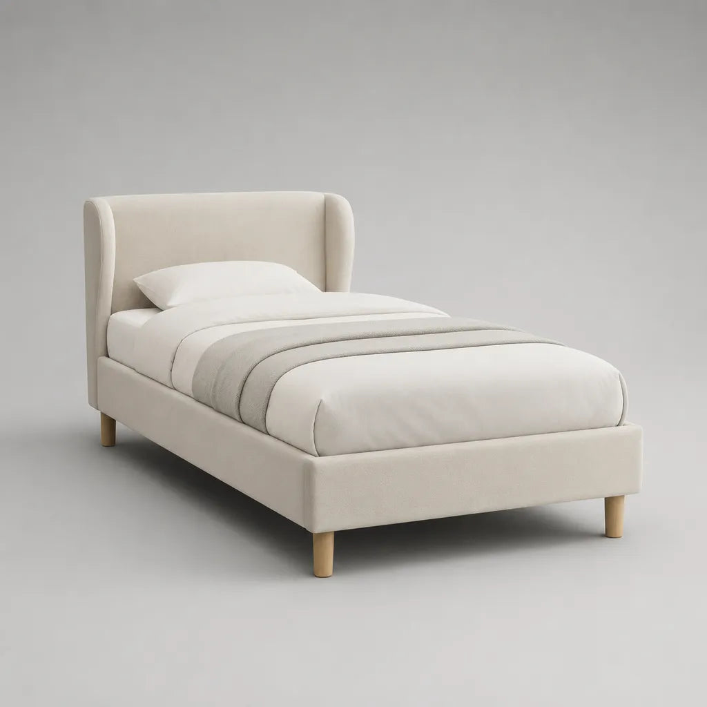 Polsterbett Einzelbett mit Flügelkopfteil aus Polyester, Creme, Liegefläche 90 × 200 cm, Gesamtmaß 215 × 108 × 112 cm