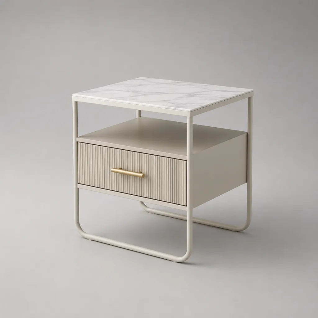 Rechteckiger Nachttisch aus MDF und Stahl mit Schublade und Ablage, Cremeweiß und Marmoroptik, 45 × 40 × 55 cm