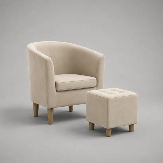 Sessel mit Fußhocker, 2-teilig, Polyester-Samt, Creme, 72 × 74 × 82 cm und 48 × 42 × 40 cm