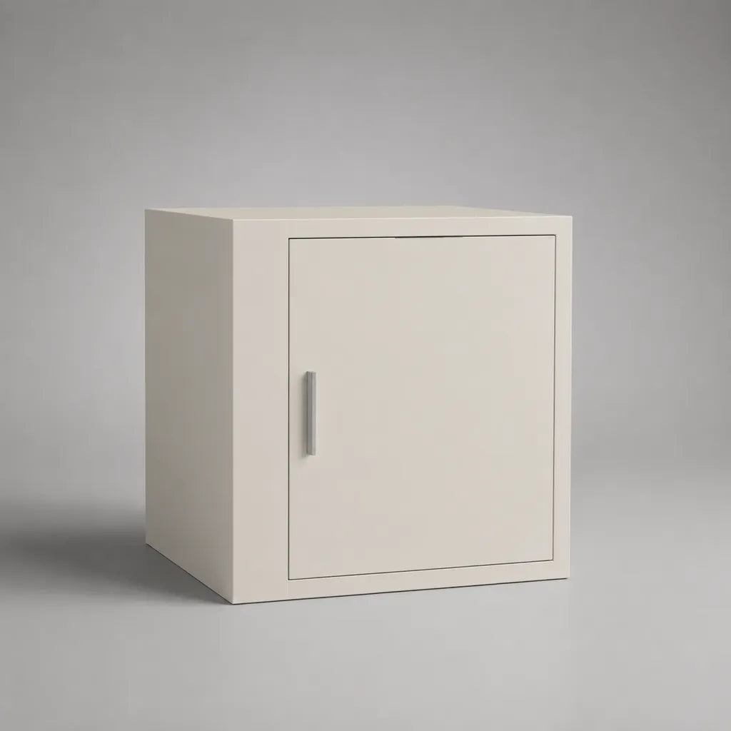 Rechteckiger Nachttisch mit Tür aus MDF und Metall, Cremeweiß/Silber, 40 × 35 × 50 cm
