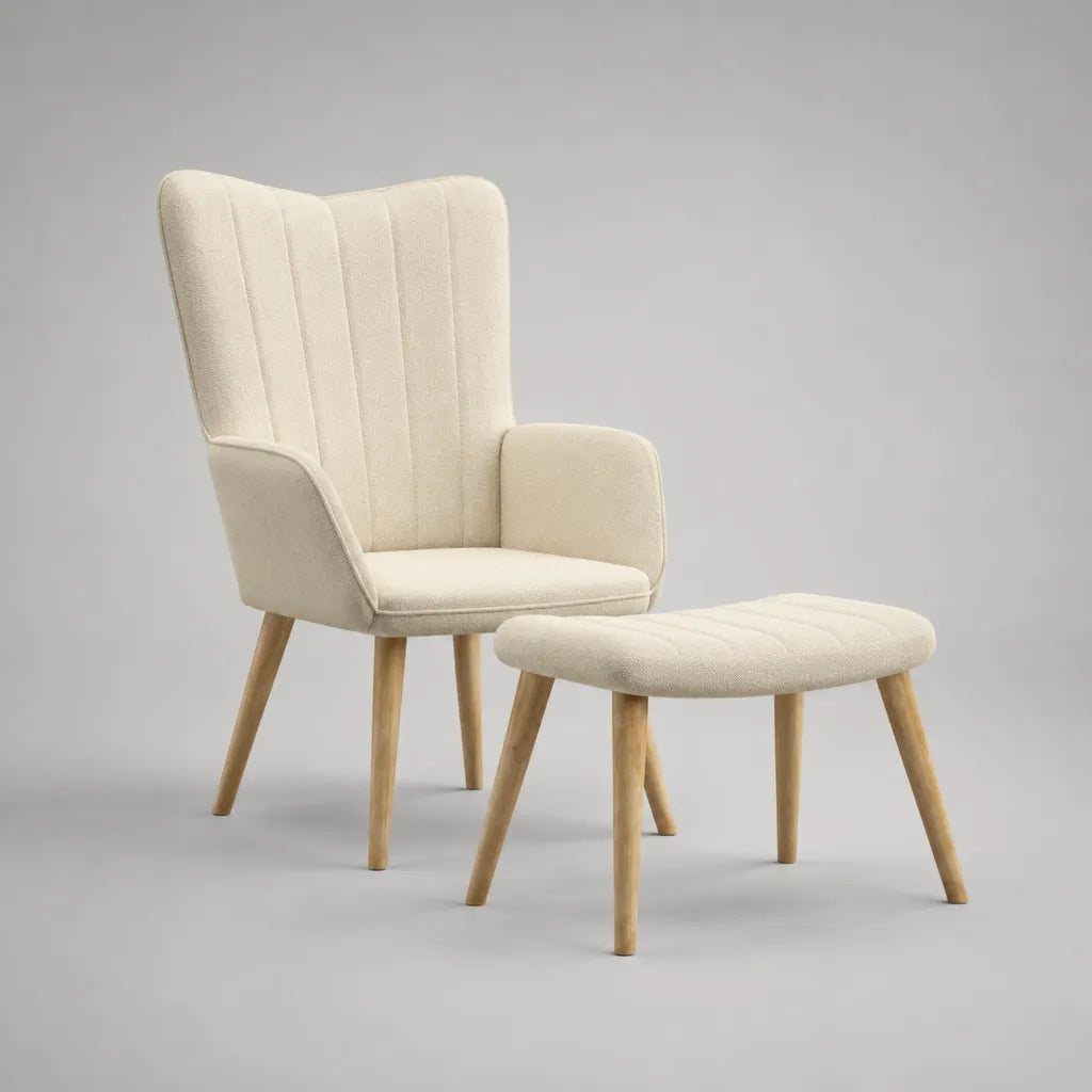 Fauteuil avec tabouret, 2 parties, tissu Bouclé et pieds en bois, crème/nature, fauteuil 76 × 82 × 101 cm, tabouret 60 × 45 × 42 cm