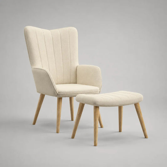 Ohrensessel mit Fußhocker, 2-teilig, Bouclé-Stoff und Holzbeine, Creme/Natur, Sessel 76 × 82 × 101 cm, Hocker 60 × 45 × 42 cm