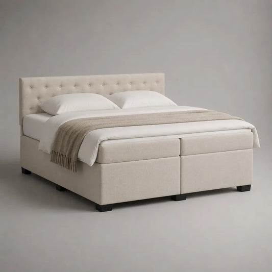 Boxspringbett-Set 180 × 200 cm, Gesamtmaß 210 × 190 × 120 cm, mit Taschenfederkernmatratzen und gepolstertem Kopfteil, Beige und Schwarz