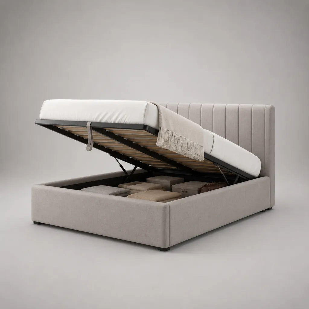Lit de rangement avec grille de lattes pliable haute, housse en polyester et cadre en acier, beige et noir, couchage 160 × 200 cm