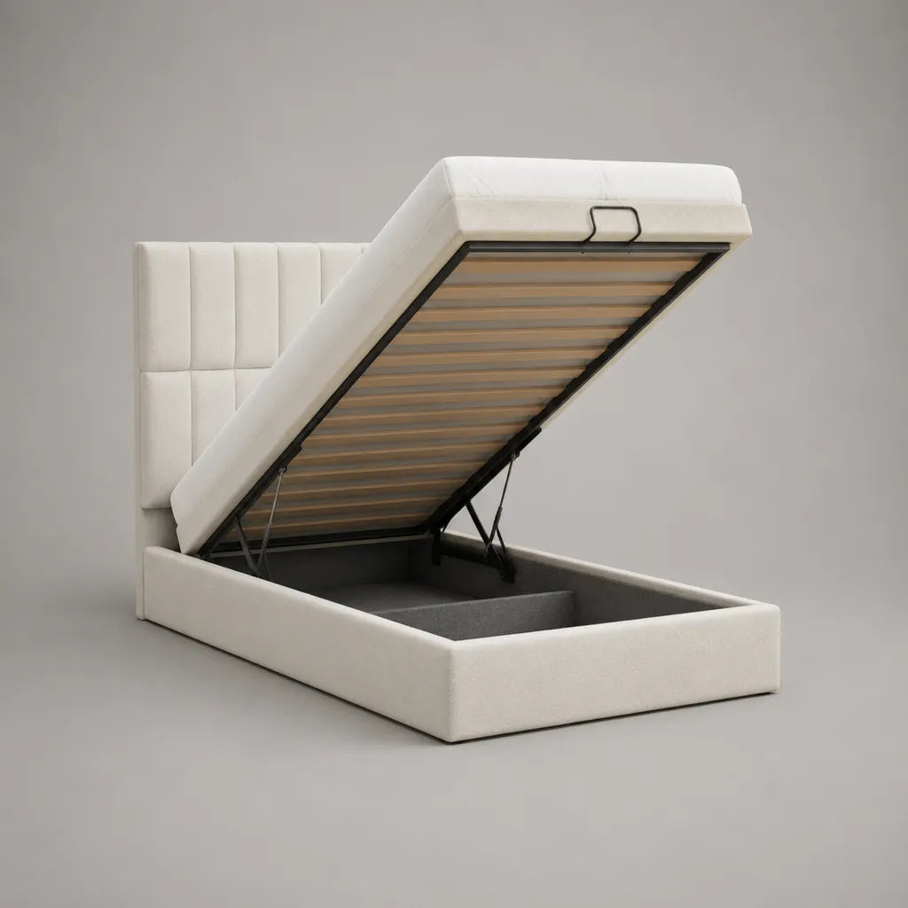 Lit rembourré avec boîte de lit et grille à lattes, Bouclé en polyester, blanc cassé, couchage 160 × 200 cm, dimensions totales 215 × 170 × 110 cm