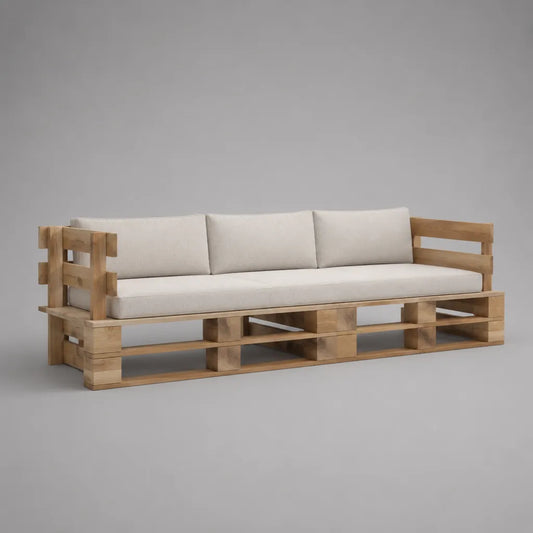 Gartenbank 3-Sitzer Palettensofa aus massivem Holz mit Stoffpolstern, Natur und Cremeweiß, 240 × 80 × 75 cm