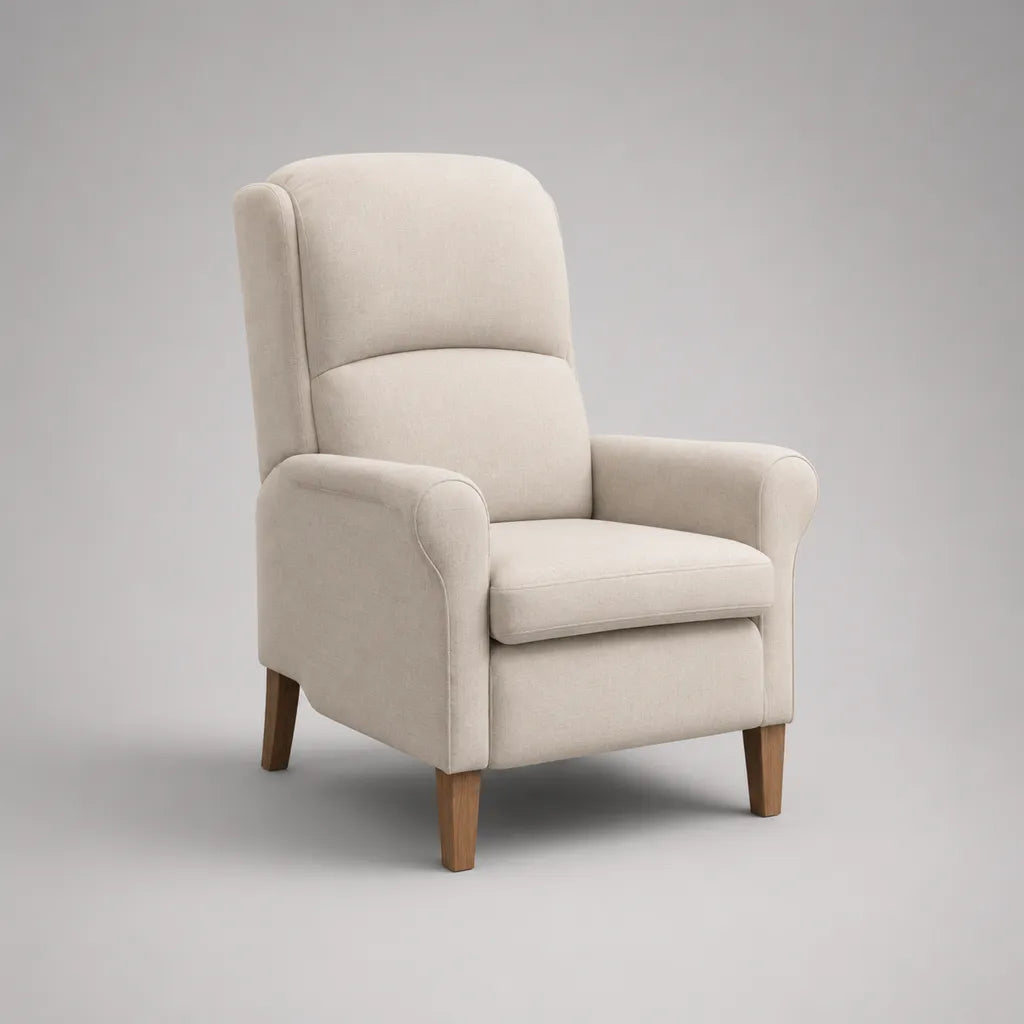 Fauteuil relax avec accoudoir, fonction couchée manuelle, housse en tissu et pieds en bois, beige/brun naturel, 76 × 88 × 105 cm