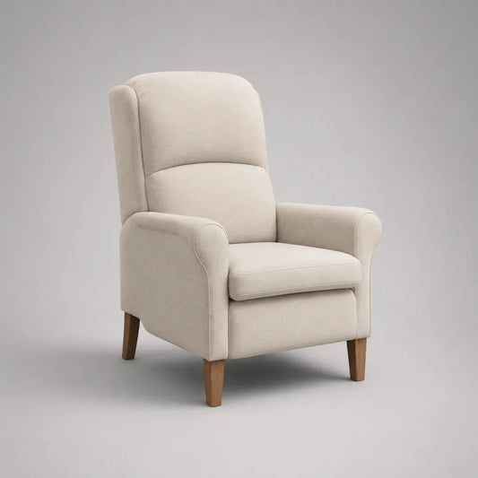 Relaxsessel mit Hochlehne, manueller Liegefunktion, Stoffbezug und Holzfüßen, Beige/Naturbraun, 76 × 88 × 105 cm
