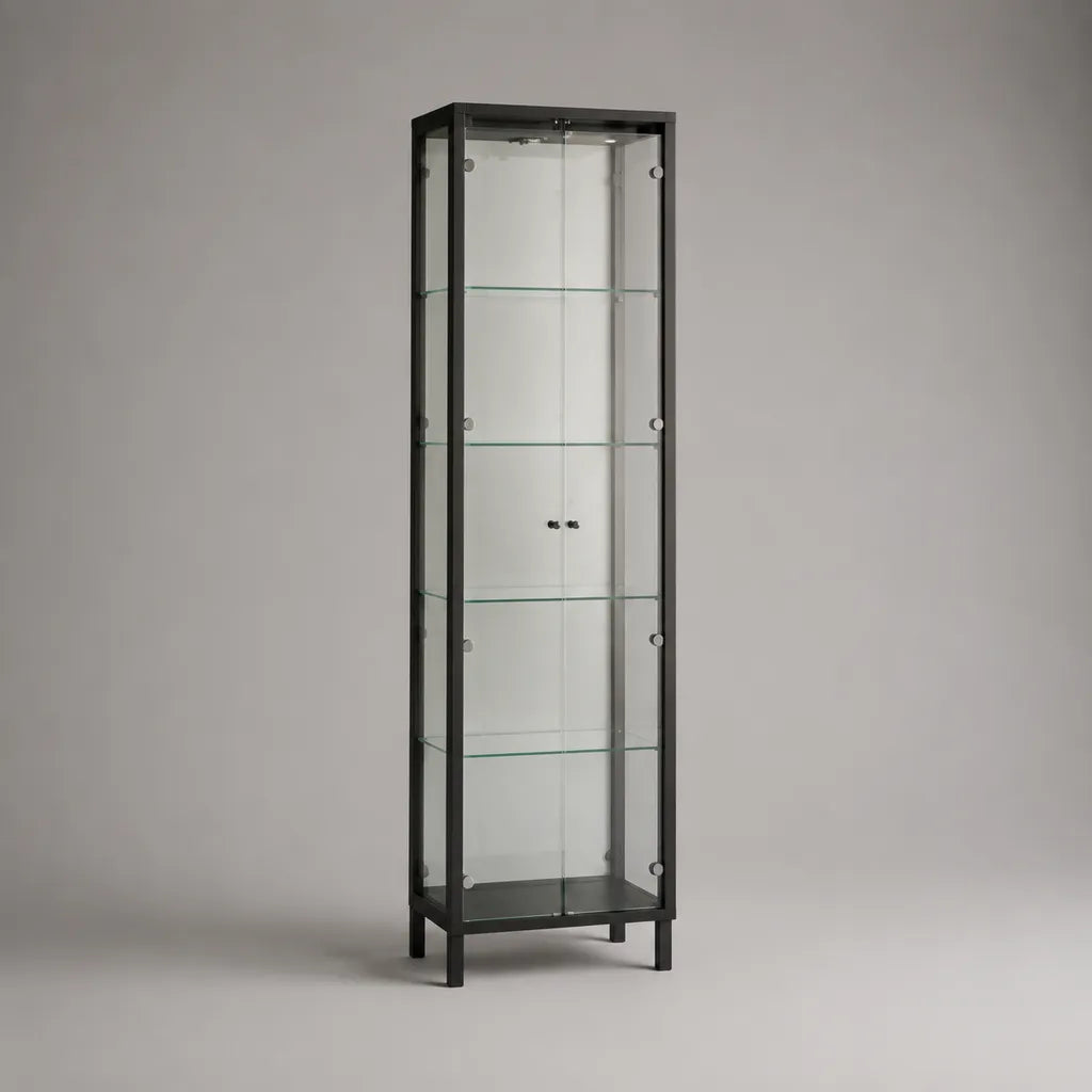 Glasvitrine, Standvitrine aus Glas und Stahl, Schwarz und Transparent, 42,5 × 36,5 × 162,5 cm