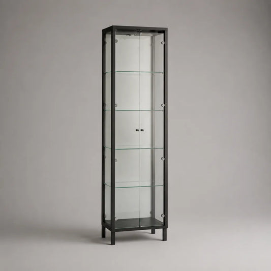 Glasvitrine, Standvitrine aus Glas und Stahl, Schwarz und Transparent, 42,5 × 36,5 × 162,5 cm