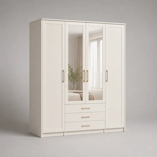 Kleiderschrank mit Spiegel, 4 Türen und 3 Schubladen, MDF und Spanplatte, Weiß und Goldfarben, 200 × 55 × 220 cm