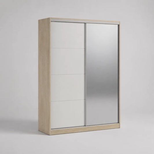 2-türiger Schwebetürenschrank mit Spiegel aus melaminbeschichteter Spanplatte und Aluminium, Weiß/Eiche Natur, 150 × 60 × 200 cm