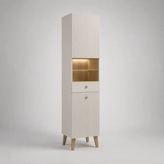 Hochschrank aus MDF und Spanplatte mit LED-Beleuchtung, 2 Türen und 1 Schublade, Weiß/Eiche natur, 45 × 40 × 190 cm