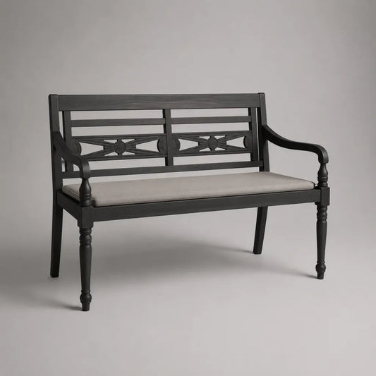 Gartenbank für 2 Personen aus pulverbeschichtetem Aluminiumguss mit Sitzkissen, Schwarz/Beige, 108 x 56 x 88 cm