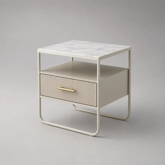 Rechteckiger Nachttisch aus MDF und Stahl mit Schublade und Ablage, Cremeweiß und Marmoroptik, 45 × 40 × 55 cm