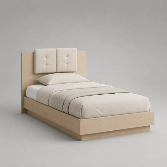 Einzelbett aus Spanplatte mit Eschenfurnier und gepolstertem Kopfteil, Natur und Cremeweiß, Liegefläche 90 × 200 cm, Gesamtmaß 208 × 98 × 110 cm